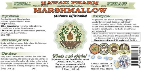 Hawaii Pharm Marshmallow Alcohol-Free Liquid Extract, Organic Marshmallow (Althaea officinalis) Dried Leaf Glycerite Natural Herbal Supplement, US...