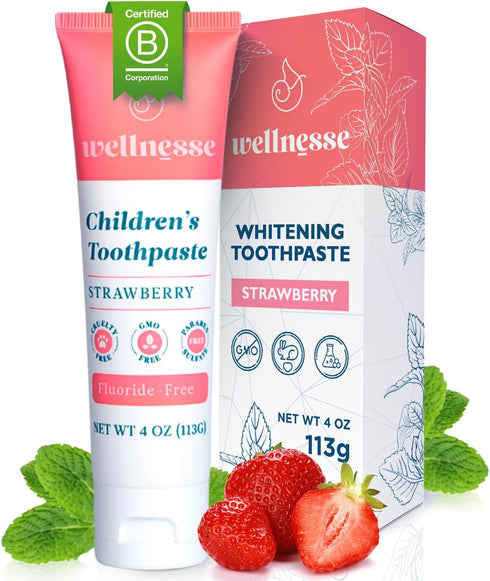 Wellnesse Kids Hydroxyapatite Toothpaste with Xylitol & Fluoride-Free - Natural Ingredients w/Strawberry Flavor - Suitable for Toddlers to Baby Ki...