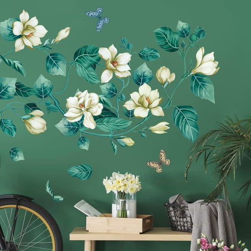 Amaonm Removable DIY 3D Blue Flower Vine White Floral Leaf Art Decor Kids Room Wall Sticker Girls Teens Bedroom Living Room Wall Decals Nursery Ro...
