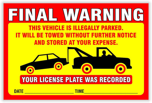 Final Warning Stickers (Pack of 50) Parking Violation Notice Vehicle is Illegally Parked - Large Size 6" X 9" – Yellow...