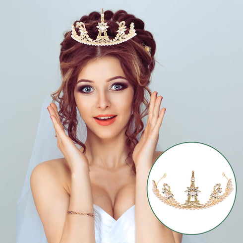 Lurrose Pearl Golden Eiffel Tower Vintage Tiaras Queen Bridal Crowns for Brides Party Wedding Golden Bridal Crowns...