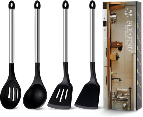 Pleafind 4-Pcs Silicone Cooking Utensils Set, Wok Utensils Set Include Wok Ladle, Slotted Spoon, Solid Spatula and Slotted Spatula, Silicone and S...