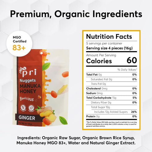 P.R.I Manuka Honey & Ginger Nuggets, Sweet and All Natural Hard Candy Treat, 3oz...