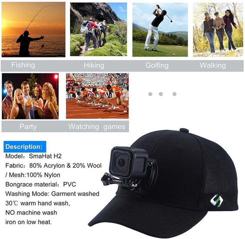 Smatree Baseball Hat Mount Mesh Cap Compatible with G*pro 12/11/10/9/8/7/6/5/ 5 Session/4/3+/3/2/1/DJI OSMO Action Cameras, Wool Material (L 58-60...