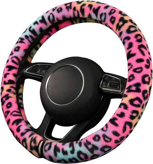 Fluffy Steering Wheel Cover for Women,Girly,Fuzzy Steering Decor,Plush, Leopard Print,Sweat-Absorb,Universal 15 Inch,Red (Fluffy-Leo)...