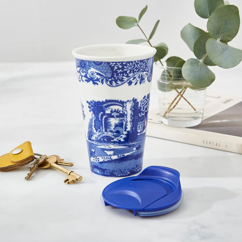 Spode Blue Italian 8oz Porcelain Travel Mug with Lid – Scenic Patterned Drinkware with Decorative Border - Portable Ceramic Coffee Cup for Brunch,...