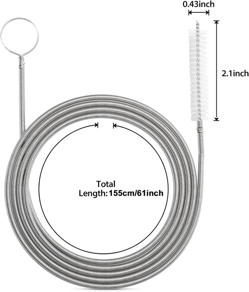 Extra-Thick Drain Brush with Stronger Spring 61-Inch Stainless Steel and Nylon Pipe Cleaner for Flexible, Curved & Slim Holes, Stronger Spring Ver...