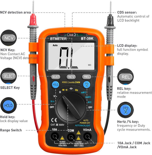 BTMETER BT-39K DVOM Multimeter with Case, 4000 Count Volt Ohm Amp Meter Autoranging DMM for AC/DC Current, Voltage, Resistance Frequency Tester, w...