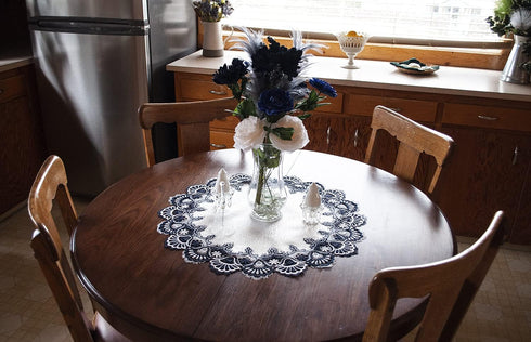 White Navy Blue Jacquard Peacock Tail Lace Doily, Placemat, Table Centerpiece, Table Topper (23 inch Round)...