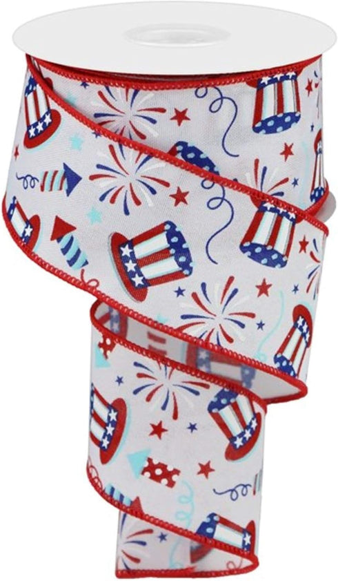 Craig Bachman 2.5" Uncle Sam Fireworks Ribbon: White (10 Yards) - Patriotic Red White Blue Wired Ribbon...