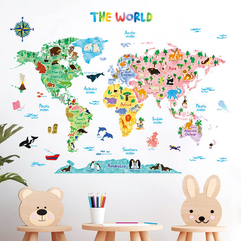 DECOWALL SG2-1615S Animal World Map Kids Wall Decals Wall Stickers Peel and Stick Removable Wall Stickers for Kids Nursery Bedroom Living Room (La...