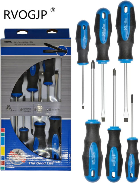 6PCS Magnetic Tip Screwdriver Set, 3 Phillips and 3 Flat, Professional Cushion Grip | 6-Piece Hand Tools Set...