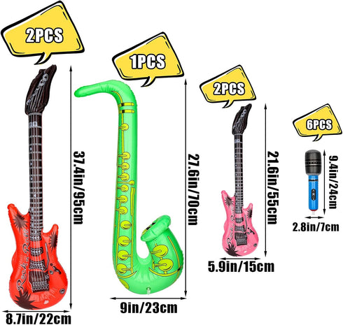 11Pcs Inflatable Rock Star Band Set, Waterproof PVC Music Instruments Party Props Blow Up Guitar Microphones Saxophone for Kids Toy Ornament Karao...