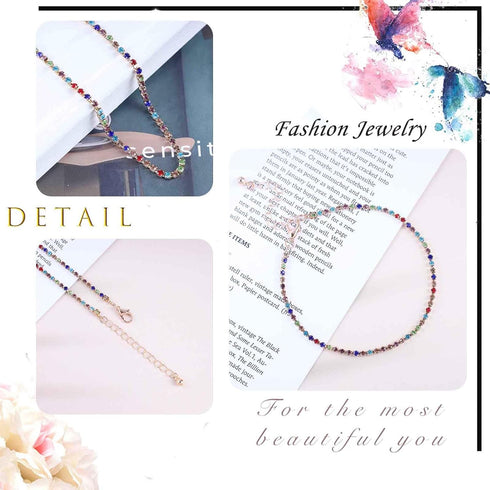 Boho Layered Tennis Ankle Bracelets Colorful Rhinestone Tennis Chain Anklets Dainty Rainbow CZ Diamond Anklet Beach Crystal Chain Anklet Foot Jewe...