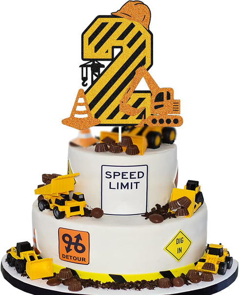 Construction 2nd Birthday Cake Topper for Kids Boy Girl Truck Excavator Forklift Dump Bulldozer Road Roller Engineering Themed Two Year Old Happy ...