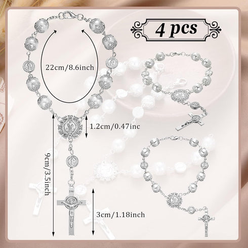 Saint Benedict Car Rosary 4 Pcs White Rearview Mirror Auto Rosary Hanging Personalized Car Cross Blessing Catholic Car Medal for Truck Bike Motorc...