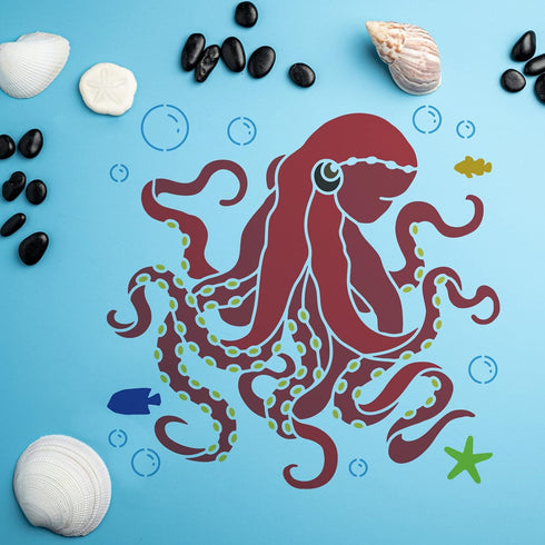 FINGERINSPIRE Octopus Pattern Stencil for Painting 11.8x11.8 inch Reusable Sea Creatures Craft Stencil Hollow Out Ocean Starfish Sea Fish Bubbles ...