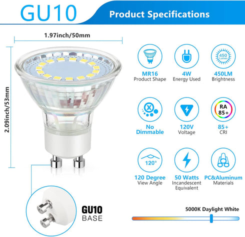 GU10 LED Light Bulb, 50 Watt Halogen Equivalent, Daylight White 5000K 450LM Non-Dimmable 4W LED Replacement Recessed Track Lighting, 5-Pack...