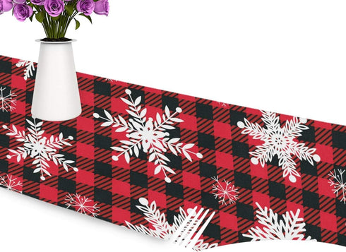 WOOR Double-Sided Snowflakes On Buffalo Plaid Background Christmas Table Runner 13 x 70 Inches Long,Table Cloth Runner for Wedding Party Holiday K...