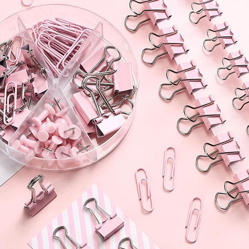 Pink Paper Clips and Binder Clips Set, 3 Pack, 216 pcs, Metal Assorted Sized Binders with Push Pins, Cute Office Supplies for Desk, Desk Accessori...