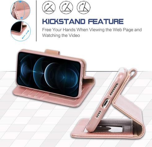 Arae Case for iPhone 12 Pro Max Wallet Case Flip Cover with Card Holder and Wrist Strap for iPhone 12 Pro Max 6.7 inch (Rose Gold)...