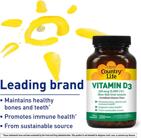Country Life Vitamin D3 5000 IU for Immune and Bone Health, Calcium Absorption, and Colon Health - Sustainable Source from Lanolin, Available in V...