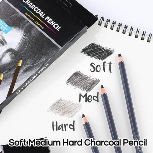 Dyvicl Professional Charcoal Pencils Drawing Set - 12 Pieces Soft, Medium & Hard Charcoal Pencil for Drawing, Sketching, Shading, Artist Pencils f...