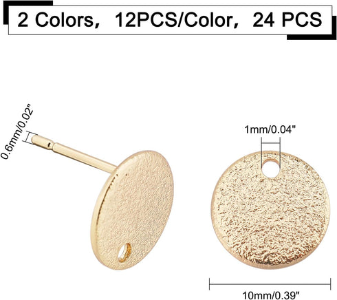 SUPERFINDINGS 24Pcs 2 Colors Hammered Brass Stud Earring Findings 10mm Flat Round Earring Posts Real Gold Platinum Plated Circle Disc Earring Stud...