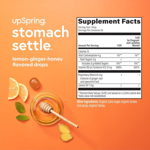 UpSpring Stomach Settle Drops for Occasional Nausea Relief and Morning Sickness with Ginger, Lemon, Spearmint, and B6. Individually Wrapped Drops,...
