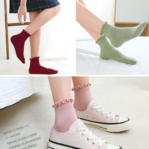Womens Ankle Casual Socks Lace Ruffle Low Cut Knit Cotton Lettuce Socks for Women Girls...