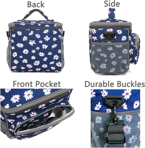 FlowFly Insulated Reusable Lunch Bag Adult Large Lunch Box for Women and Men with Adjustable Shoulder Strap,Front Zipper Pocket and Dual Large Mes...