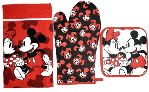 Disney Oven Mitt Pot Holder & Dish Towel 3 pc Kitchen Set (Mickey Minnie Red)...