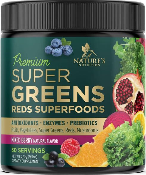 Super Greens Powder Smoothie Mix - Green Whole Food Blend Supports Energy & Gut Health with Spirulina, Chlorella, Mushrooms, Vegetables, Digestive...