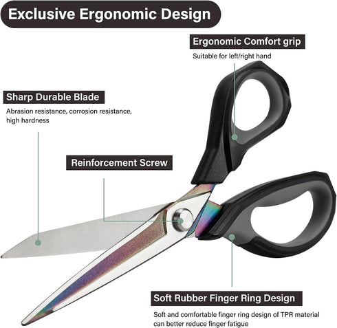 QMVESS Premium Fabric Scissors 9.5 Inch Heavy Duty Scissors All Purpose Titanium Coating Forged Stainless Steel Sewing Scissors, Ergonomic Comfort...