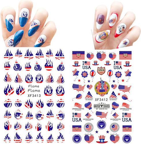4th of July Nail Art Stickers American Independence Day Nail Design Lips Flag Hearts Flame Shape 3D Self-Adhesive Nail Art Supplies Patriotic Stic...