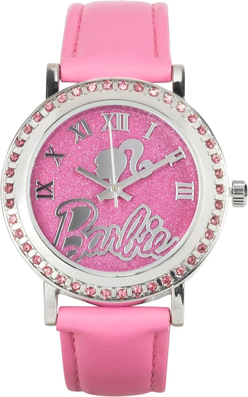 Accutime Barbie Women's Pink Glitter Analog Watch with Faux Leather Strap - Elegant Timepiece Inspired by Barbie The Movie, Silhouette Dial - BAR5...