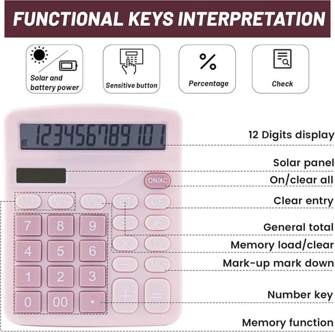 Calculators Desktop, Pink Calculator, Cute Calculator 12 Digit Desk Calculator Large Display, Dual Power Solar Battery, Office Home School Supplie...