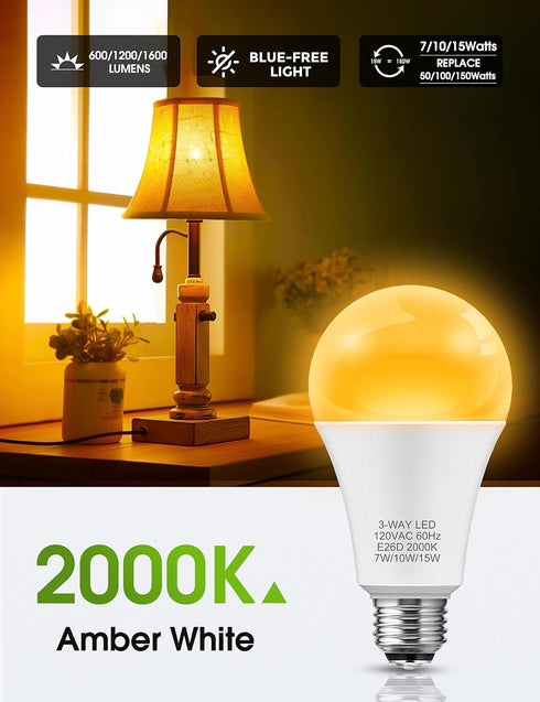 LOHAS 3 Way Amber Light Bulbs 50/100/150W Equivalent, 3-Way LED Bulbs Amber 2000K, Sleep aid Amber Light Bulbs Dimmable, Three Way Bulb for Health...