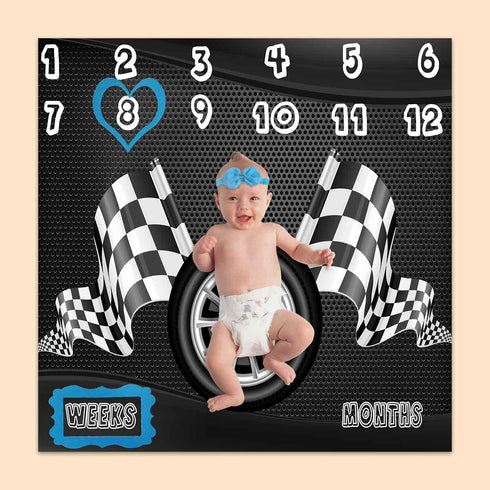 Racing Baby Monthly Milestone Blanket, Boy Racer Car Tires Black White Checkered Flag, Newborns 1 to 12 Months Unisex Include 4 Frames and 1 Headb...