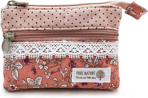 Women Small Zipper Coin Purse - Handmade Fabric Flower Embroidered Change Pouch - Cotton Double Zipper Wallet...
