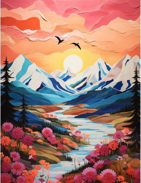 Okarina Paint by Numbers Kit for Adults Beginner Canvas, Sun Mountain Acrylic Adult Paint by Number Kits, Natural Abstract Landscape Flowers Oil N...