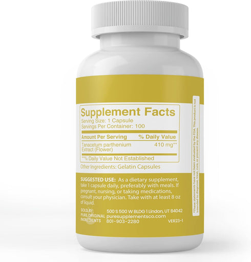 Pure Original Ingredients Feverfew Extract (100 Capsules) Always Pure, No Additives Or Fillers, Lab Verified...
