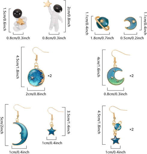 12 Pairs Moon Star Alloy Dangle Earth Planet Asymmetrical Drop Astronaut Stud Earrings Jewelry for Women Girls...