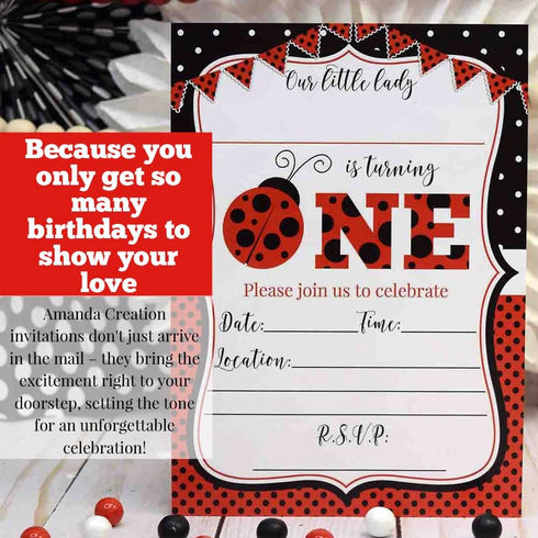 Red Ladybug First Birthday Party Invitations for Girls, 20 5x7 Fill In Cards with Twenty White Envelopes by AmandaCreation...