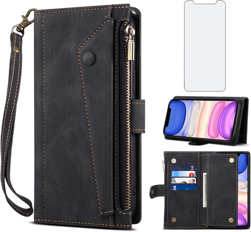 Phone Case for iPhone 11 Pro Max 6.5 Wallet Cover With Tempered Glass Screen Protector and Shoulder Crossbody Wrist Strap Lanyard Flip Zipper Cred...