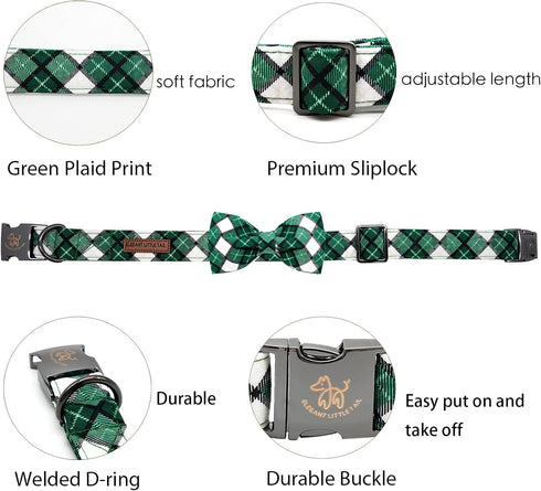 Elegant little tail St. Patrick's Day Dog Collar, Dog Collar with Bow, Green Grid Dog Collar Pet Gift Dog Bowtie Adjustable Dog Collar for Medium ...
