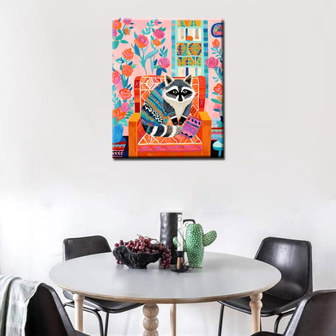 Raccoon Sitting on Chair Paint by Bumbers for Adults Colorful Pastel DIY Paint by Numbers Acrylic Paint Canvas Cute Animal Abstract Retro Style Ba...
