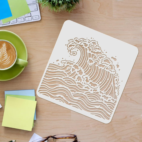 FINGERINSPIRE Sea Waves Drawing Painting Stencils Templates 11.8x11.8 inch Plastic Stencils Decoration Square Reusable Stencils for Painting on Wo...