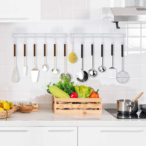 YiZhi Adhesive Wall Hooks Rack Kitchen Rail, Space Saving Utensil Holder No Drilling Wall Mounted Accessory Hanger with 6 Hooks for Kitchen Bathro...