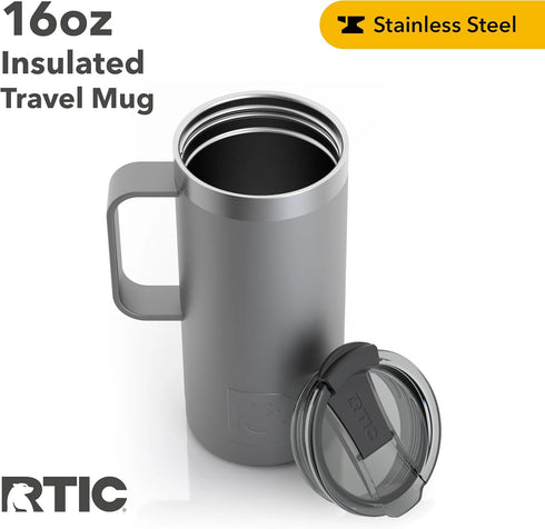 RTIC Travel Mug with Handle, 16 oz, Graphite, Portable Thermal Camping Cup, Vacuum-Insulated with Lid, Stainless Steel, Sweat Proof, Keeps Hot & C...